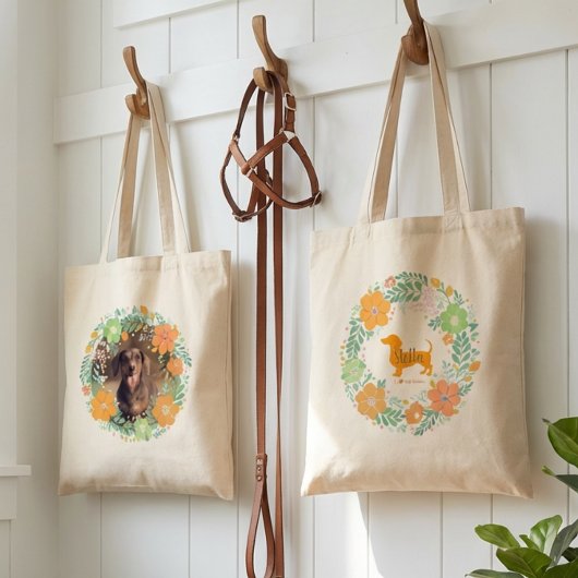 Pastel Orange Dachshund Floral Tote – Custom Photo トートバッグ