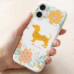 Pastel Orange Dachshund with Flower – Custom Name iPhone 16ケース