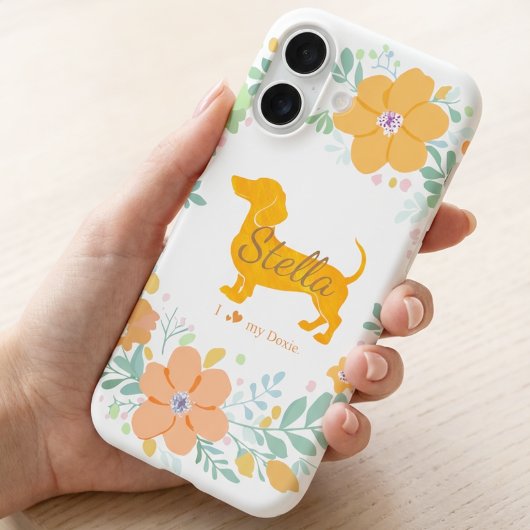 Pastel Orange Dachshund with Flower – Custom Name iPhone 16ケース