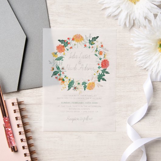 Pastel Orange Yellow Spring Dahlia Flowers Wedding ベラム紙招待状 (ウェディング)