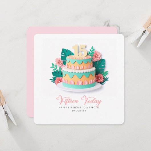 Pastel Paper-Cut Cake 15th Birthday カード (正面/裏面インサイチュ)