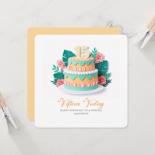 Pastel Paper-Cut Cake 15th Birthday カード (正面/裏面インサイチュ)
