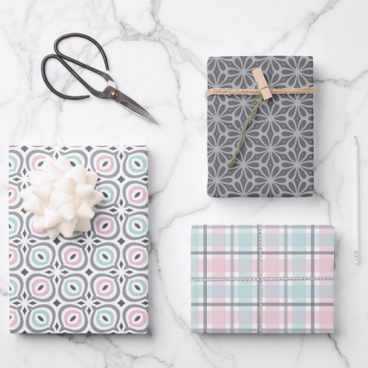 Pastel Pattern of Gray, Pink, Mint Geometric Shape ラッピングペーパーシート (正面)
