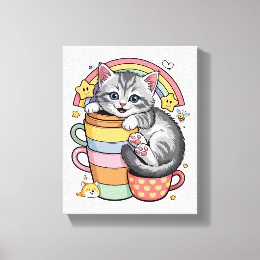 Pastel Paws & Rainbow Sips キャンバスプリント (正面)