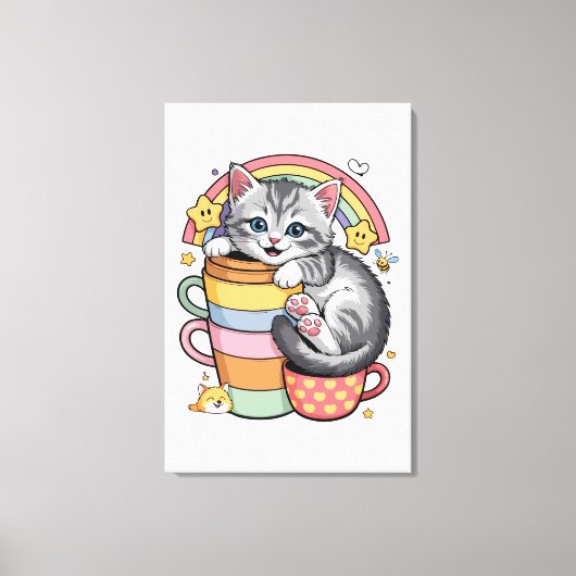 Pastel Paws & Rainbow Sips キャンバスプリント (正面)