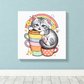 Pastel Paws & Rainbow Sips キャンバスプリント (インサイチュ (ウッドフロア))