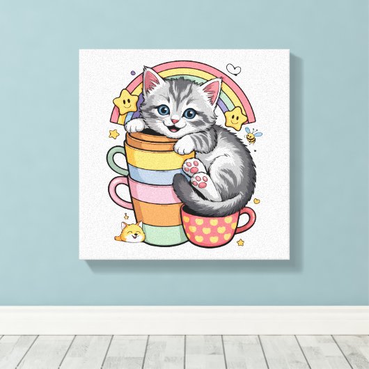 Pastel Paws & Rainbow Sips キャンバスプリント (インサイチュ (ウッドフロア))