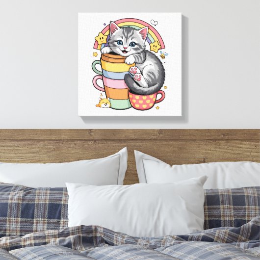 Pastel Paws & Rainbow Sips キャンバスプリント (インサイチュ (寝室))