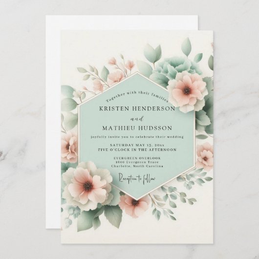 Pastel Peach Floral Whimsy Wedding 招待状 (正面/裏面)