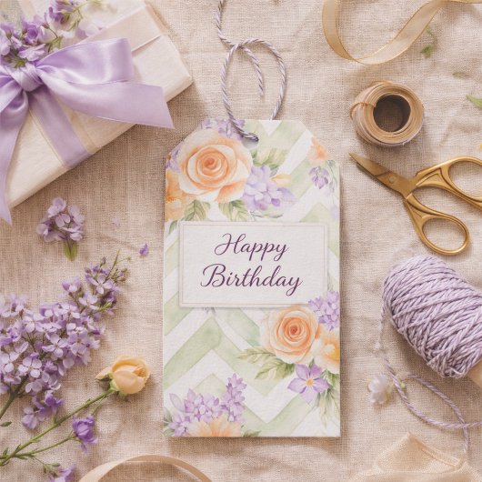 Pastel Peach Lavender Floral Sage Chevron ギフトタグ