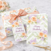 Pastel Peach Lavender Floral Sage Chevron Birthday ラッピングペーパー