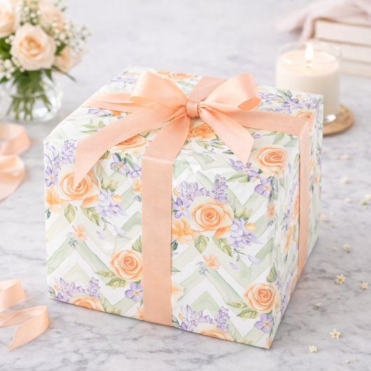 Pastel Peach Lavender Floral Sage Chevron Birthday ラッピングペーパー