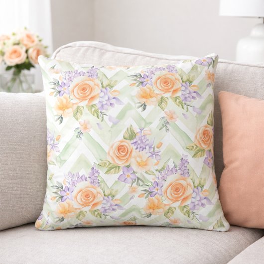 Pastel Peach Lavender Floral Sage Chevron Pillow クッション
