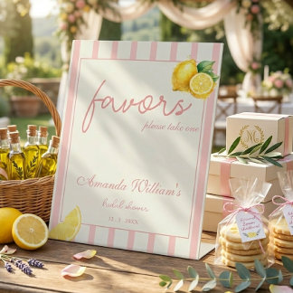 Pastel Peach Lemon Stripes Bridal Shower Favors 台座サイン
