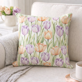 Pastel Peach Purple Tulips Easter Spring Floral クッション