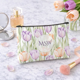 Pastel Peach Purple Tulips Monogram Cosmetic アクセサリーポーチ