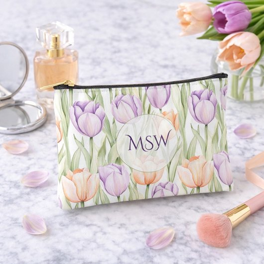 Pastel Peach Purple Tulips Monogram Cosmetic アクセサリーポーチ