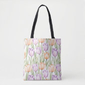 Pastel Peach Purple Tulips Pattern Spring Floral  トートバッグ (正面)