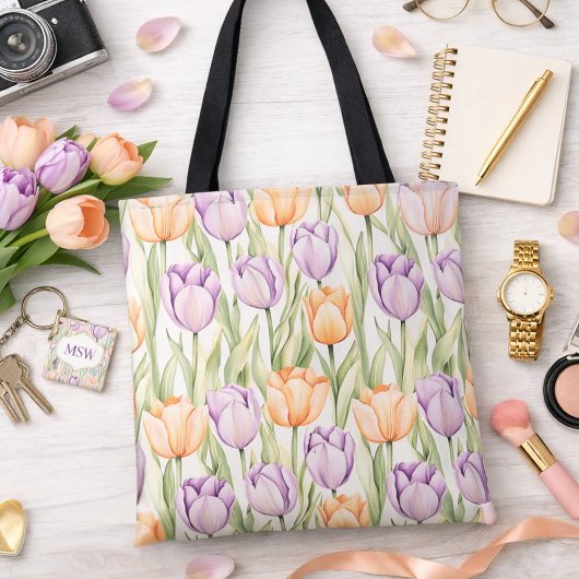 Pastel Peach Purple Tulips Pattern Spring Floral  トートバッグ