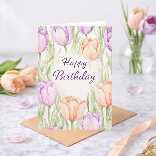 Pastel Peach Purple Tulips Spring Floral Birthday カード