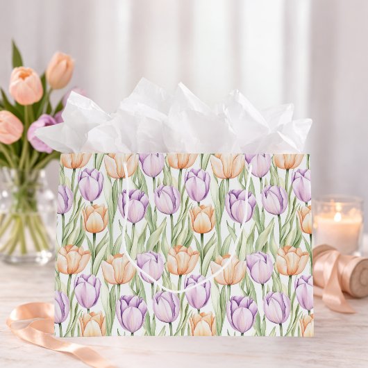 Pastel Peach Purple Tulips Spring Floral Gift Bag ラージペーパーバッグ