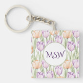 Pastel Peach Purple Tulips Spring Floral Monogram キーホルダー (正面)