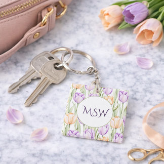 Pastel Peach Purple Tulips Spring Floral Monogram キーホルダー