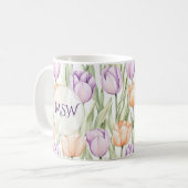 Pastel Peach Purple Tulips Spring Floral Monogram コーヒーマグカップ (正面左)