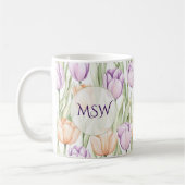 Pastel Peach Purple Tulips Spring Floral Monogram コーヒーマグカップ (左)