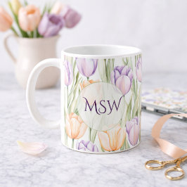Pastel Peach Purple Tulips Spring Floral Monogram コーヒーマグカップ