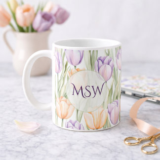 Pastel Peach Purple Tulips Spring Floral Monogram コーヒーマグカップ