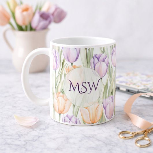 Pastel Peach Purple Tulips Spring Floral Monogram コーヒーマグカップ