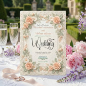 Pastel Peach & Sage Green Floral Garden Wedding 招待状