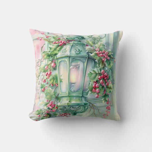 Pastel Pink and Green Christmas Throw Pillow クッション (正面)