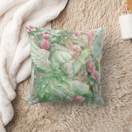 Pastel Pink and Green Christmas Throw Pillow クッション (ブランケット)
