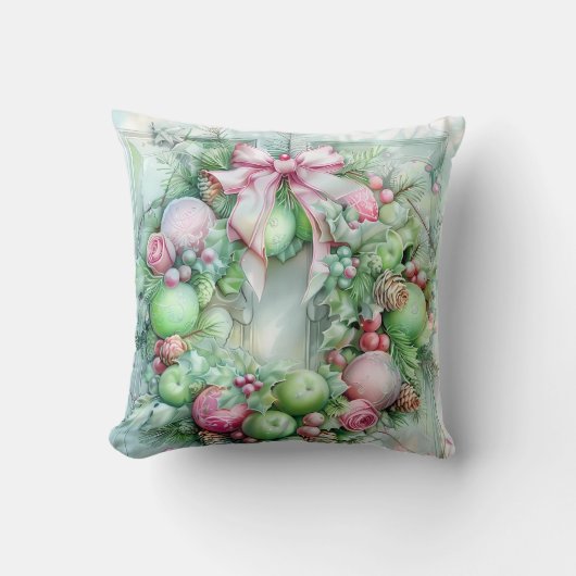 Pastel Pink and Green Christmas Throw Pillow クッション (正面)