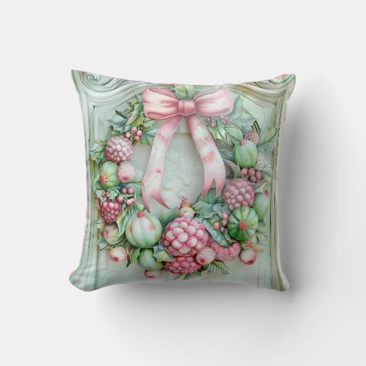 Pastel Pink and Green Christmas Throw Pillow クッション (正面)