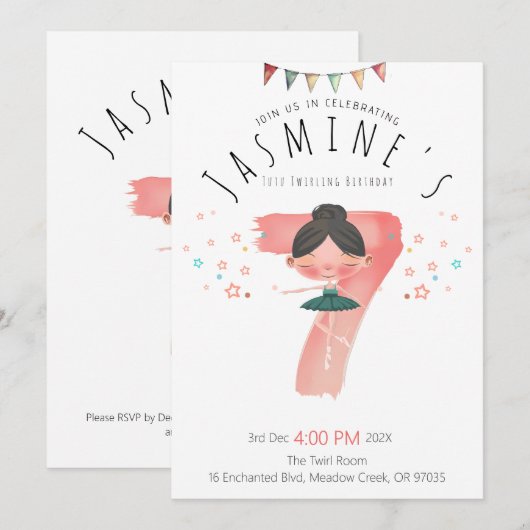Pastel Pink Ballet Girl 7th Birthday 招待状 (正面/裏面)