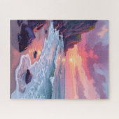 Pastel Pink Beach Sunset Ocean Waves Watercolor ジグソーパズル (横)