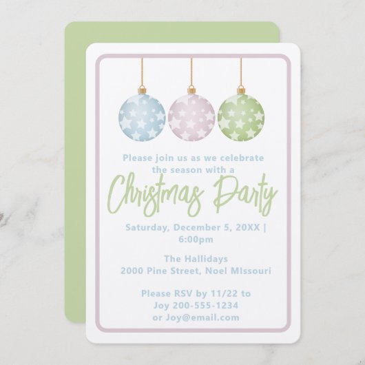 Pastel Pink Blue & Green Ornaments Christmas Party 招待状 (正面/裏面)