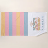 Pastel Pink Blue Orange Retro Coastal Custom Name ビーチタオル (正面)