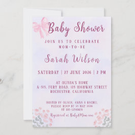 Pastel Pink Bow Floral Baby Shower 招待状