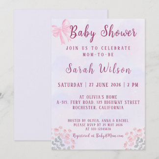 Pastel Pink Bow Floral Baby Shower 招待状