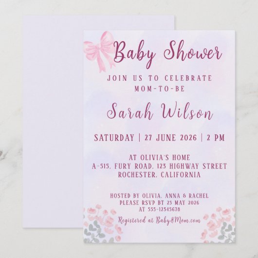 Pastel Pink Bow Floral Baby Shower 招待状 (正面/裏面)