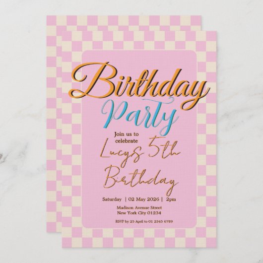 Pastel Pink Checkered Birthday Party 招待状 (正面/裏面)