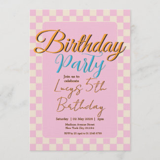 Pastel Pink Checkered Birthday Party 招待状