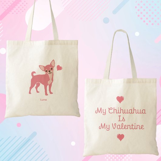 Pastel Pink Chihuahua Valentine Tote, Custom Name トートバッグ