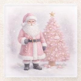 Pastel Pink Christmas Santa  ガラスコースター