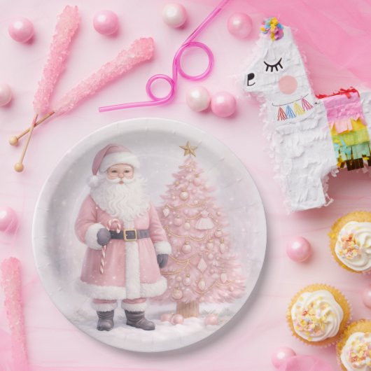 Pastel Pink Christmas Santa  ペーパープレート (パーティー)
