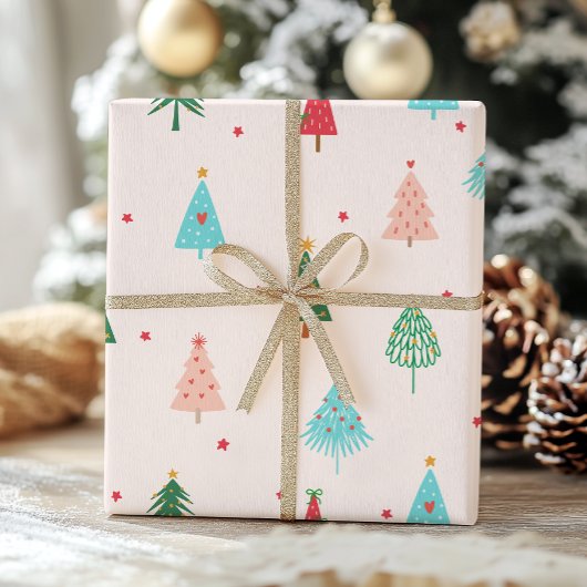 Pastel Pink Christmas Trees Whimsical Holiday ラッピングペーパー